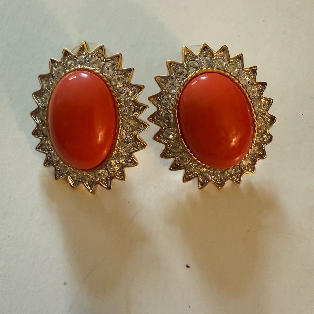 Vtg KJL Kenneth Jay Lane Faux Coral Cabochon Crystal Rhinestone Pierced Earrings